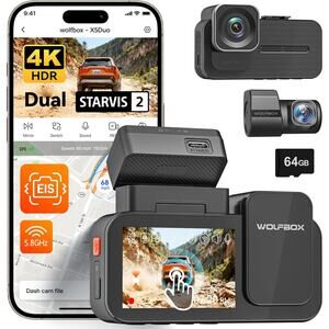 WOLFBOX X5 Duo 4K Front & Rear Dash Cam w/ GPS, Wi-Fi, Voice Control + 64GB Card